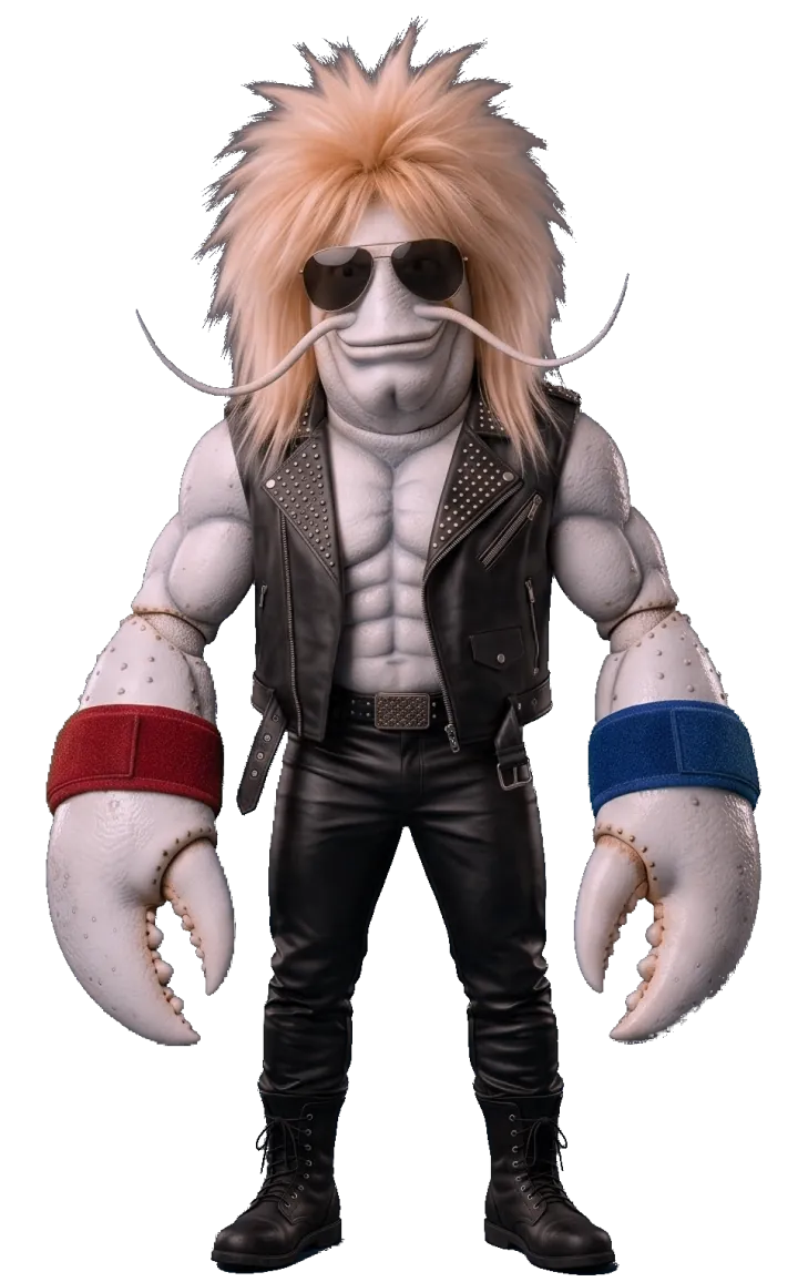 White Lobster: a lobster in a studded leather jacket, aviators and teased blond hair.